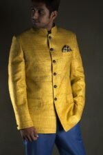 Sun Shine Yellow Glen Plaid Bandhgala Suit - Image 2