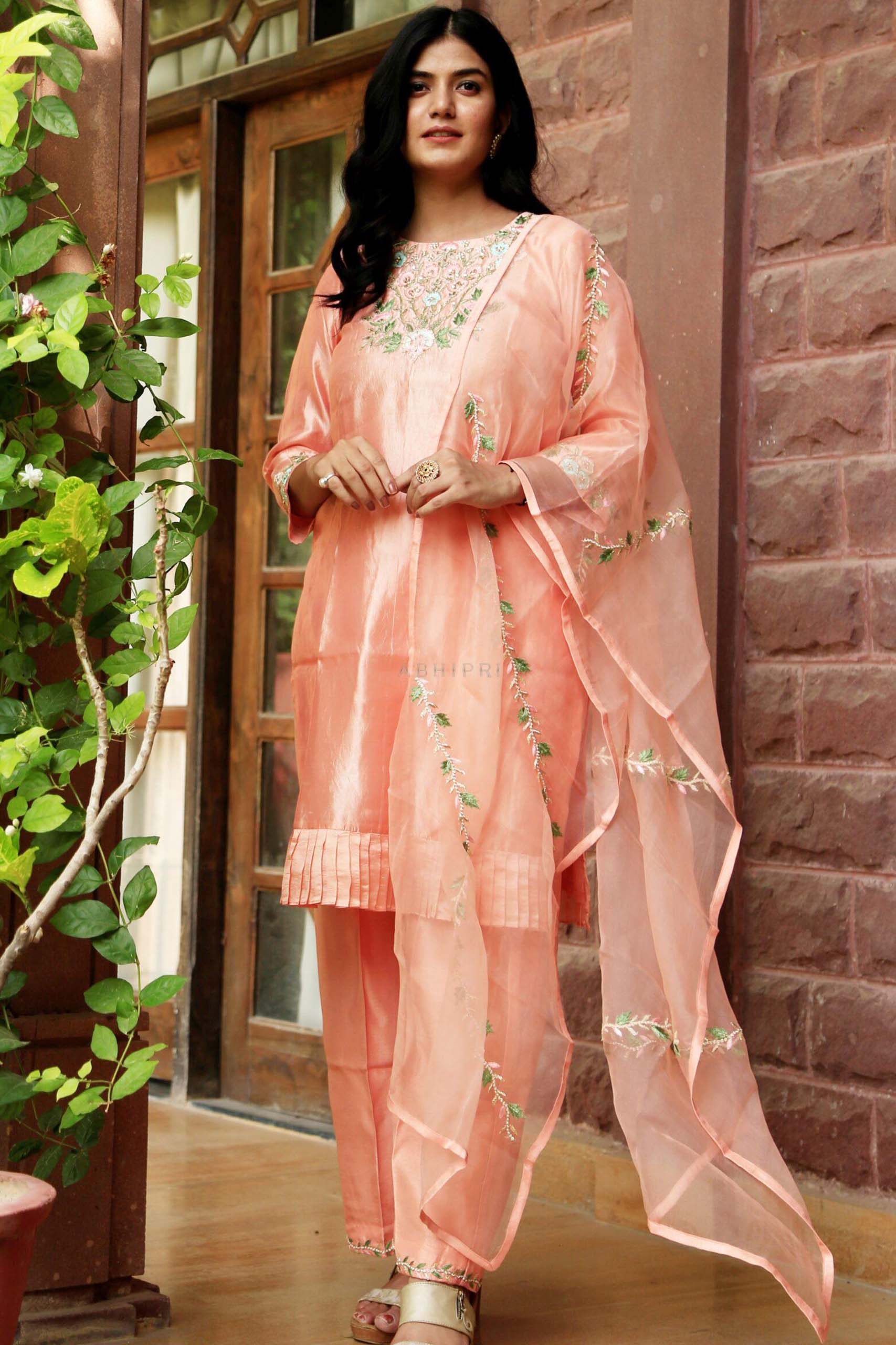 Double Georgette Peach Color Kurti with Lace Work