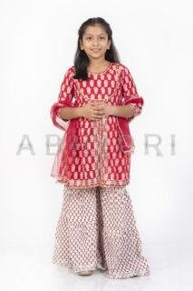 AbhiPri Cotton Jaipuri Print 3 Piece Peplum Set for Kids (Sharara), Red (PeplumSet-1)