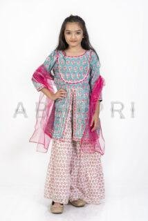 AbhiPri Cotton Jaipuri Print 3 Piece Peplum Set for Kids (Sharara), Blue (PeplumSet-2)