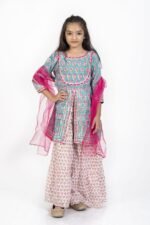 AbhiPri Cotton Jaipuri Print 3 Piece Peplum Set for Kids (Sharara), Blue (PeplumSet-2)