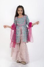 AbhiPri Cotton Jaipuri Print 3 Piece Peplum Set for Kids (Sharara), Blue (PeplumSet-2) - Image 2