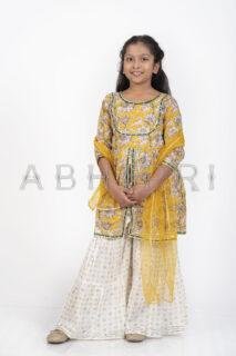 AbhiPri Cotton Jaipuri Print 3 Piece Peplum Set for Kids (Sharara), Yellow (PeplumSet-3)