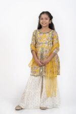 AbhiPri Cotton Jaipuri Print 3 Piece Peplum Set for Kids (Sharara), Yellow (PeplumSet-3)