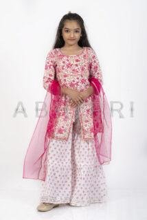 AbhiPri Cotton Jaipuri Print 3 Piece Peplum Set for Kids (Sharara), Pink (PeplumSet-4)