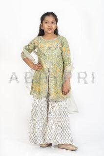 AbhiPri Cotton Jaipuri Print 3 Piece Peplum Set for Kids (Sharara), Green (PeplumSet-5)