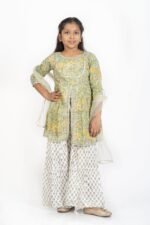 AbhiPri Cotton Jaipuri Print 3 Piece Peplum Set for Kids (Sharara), Green (PeplumSet-5)