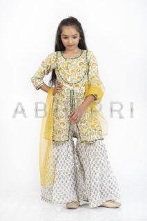 AbhiPri  Cotton Jaipuri Print 3 Piece Peplum Set for Kids (Sharara), Light Green (PeplumSet-6)