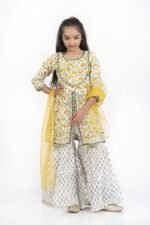 AbhiPri  Cotton Jaipuri Print 3 Piece Peplum Set for Kids (Sharara), Light Green (PeplumSet-6)