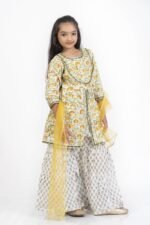 AbhiPri  Cotton Jaipuri Print 3 Piece Peplum Set for Kids (Sharara), Light Green (PeplumSet-6) - Image 3