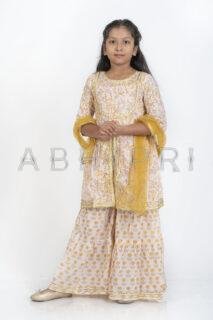 AbhiPri Cotton Jaipuri Print 3 Piece Peplum Set for Kids (Sharara), Cream (PeplumSet-7)
