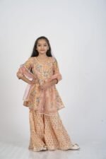 AbhiPri Cotton Jaipuri Print 3 Piece Peplum Set for Kids (Sharara), Peach (PeplumSet-8) - Image 3