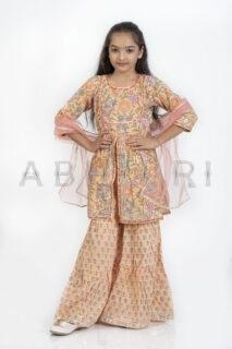AbhiPri Cotton Jaipuri Print 3 Piece Peplum Set for Kids (Sharara), Peach (PeplumSet-8)