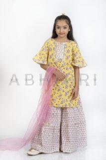 AbhiPri Cotton Jaipuri Print Girl’s Gharara Kurti,  Style 4 (Girlsghararakurti-4)