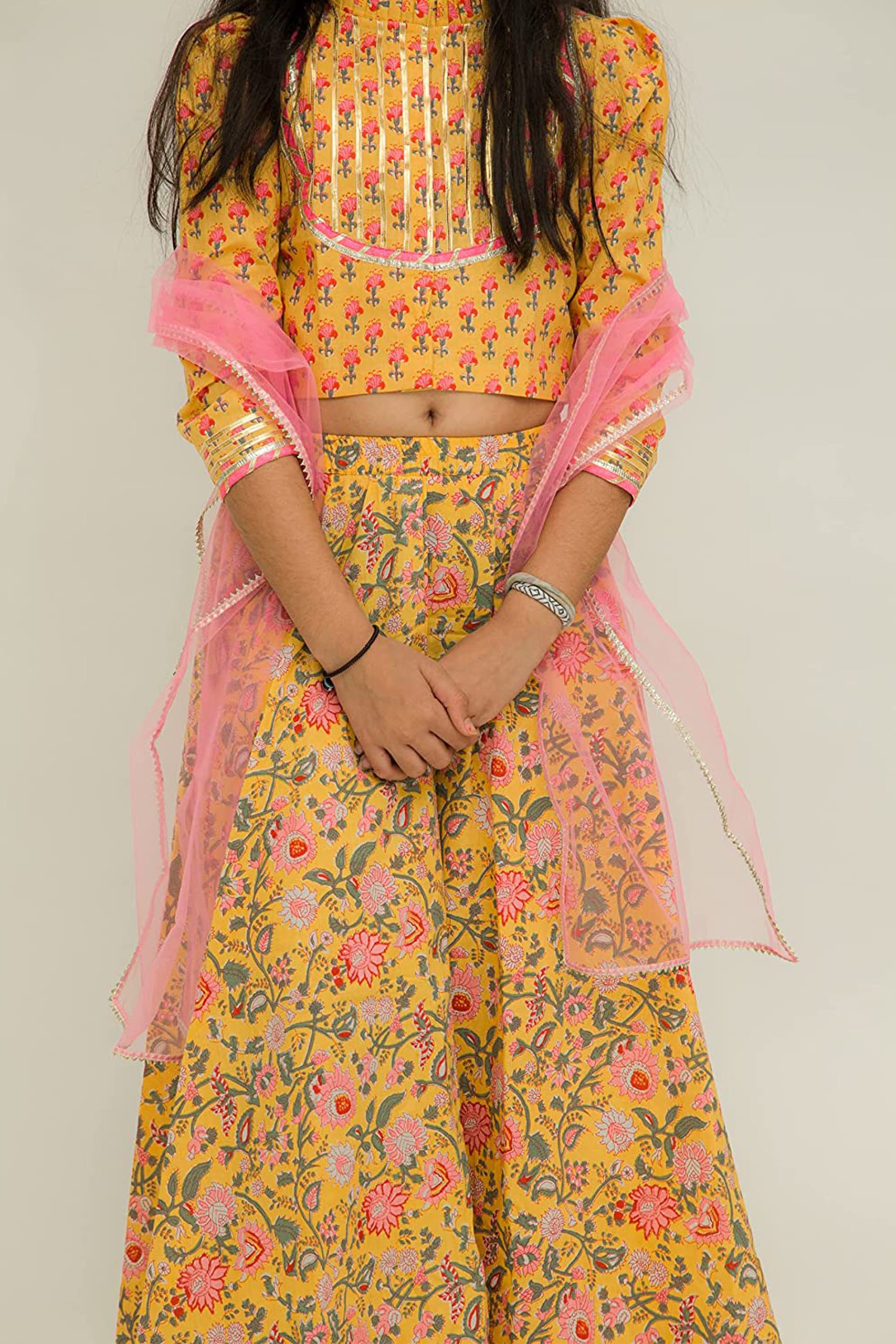 Fuschia Jaipuri Kurta and Yellow Bandhani Lehenga Couple Set