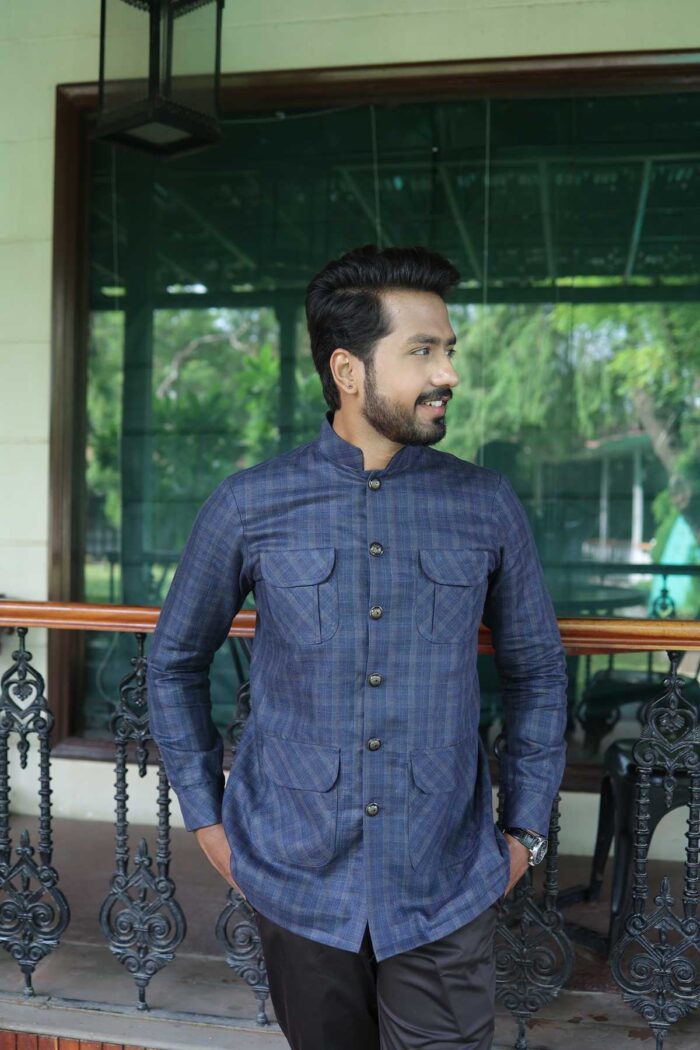 Mandarin Four Pocket Blue Hunter Shirt